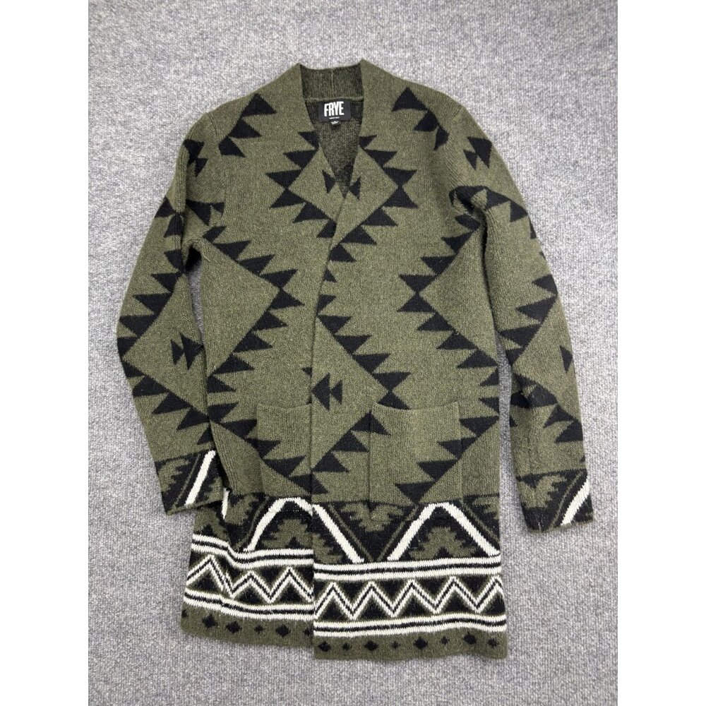 Frye Sweater Womens‎ Small Green Black Longline Cardigan Shawl Collar Aztec Knit